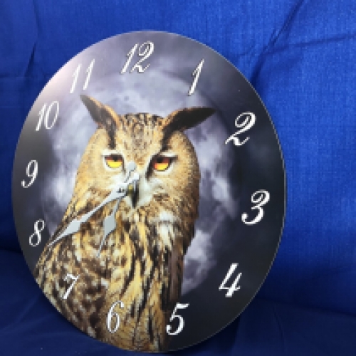 Wooden clock with an image of an eagle owl.