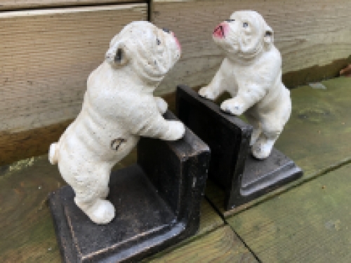 Cast iron bookend set with lacquered bull terrier dogs.