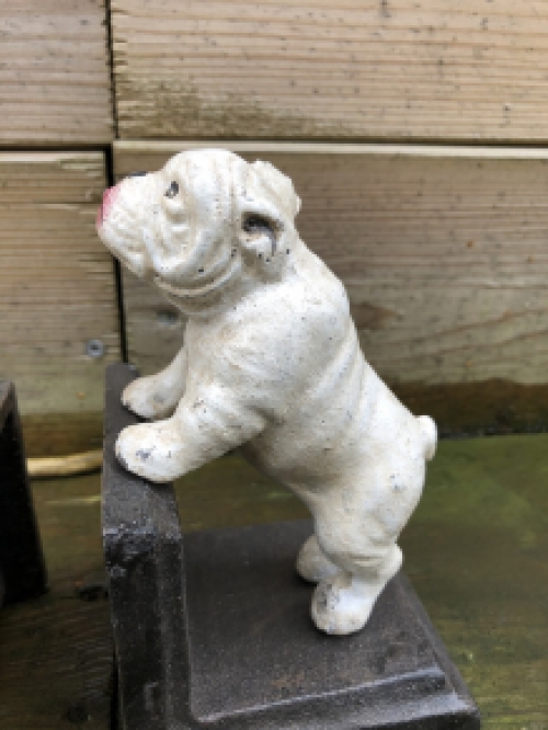 Cast iron bookend set with lacquered bull terrier dogs.