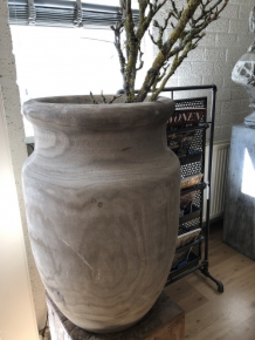 Beautiful large wooden vase-pot in the color gray.