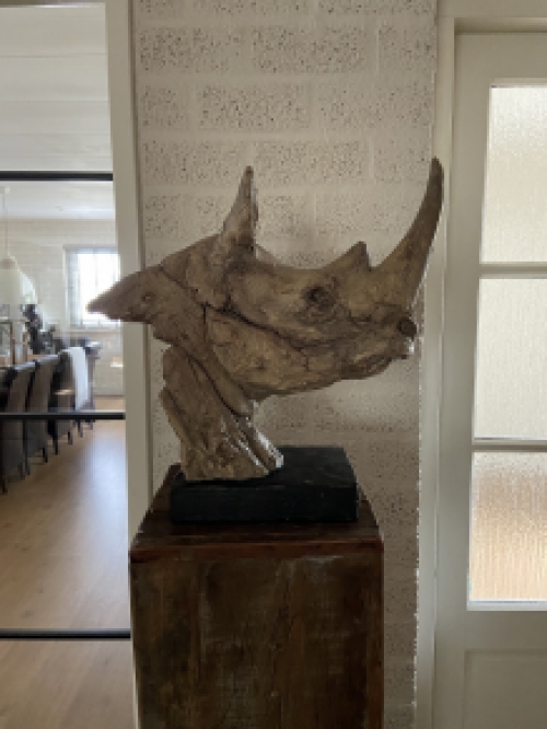 Een prachtige kop van een neushoorn, fraai in detail, polystone woodlook.