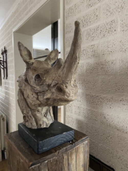 Een prachtige kop van een neushoorn, fraai in detail, polystone woodlook.