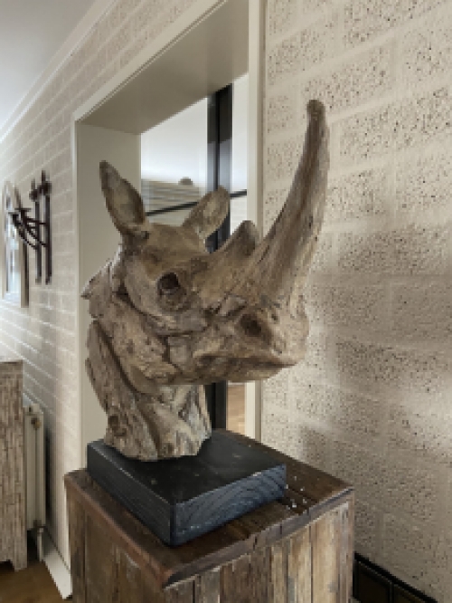 Een prachtige kop van een neushoorn, fraai in detail, polystone woodlook.