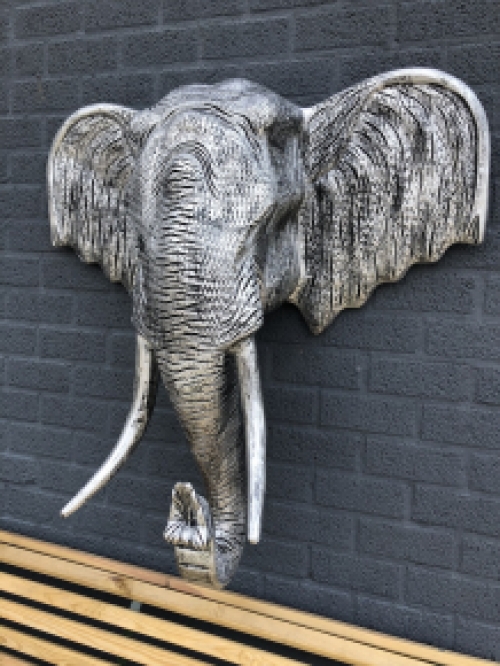 Zeer fors wandornament is dit olifanten hoofd, prachtig decoratief!