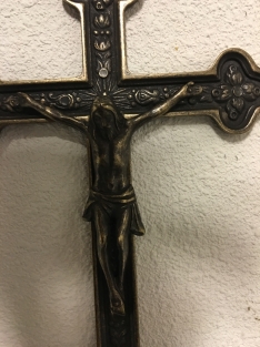 Jesus on the cross, patinated brass INRI.