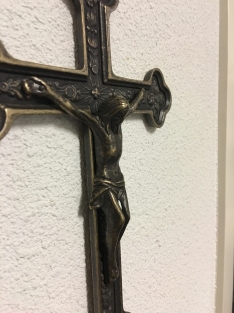 Jesus on the cross, patinated brass INRI.