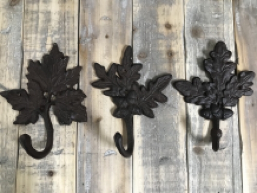 Coat hook in set, cast iron coat rack in antique brown as (2x) oak and maple