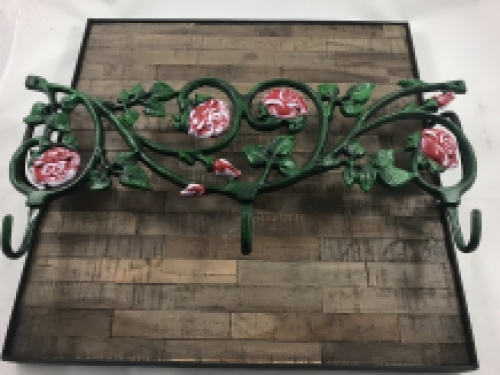 Wall coat rack, cast iron green with roses red, 3 sturdy hooks.