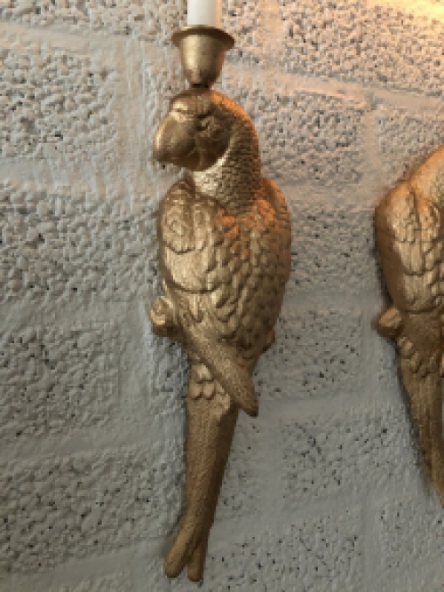 Set of cast iron parrots in gold color as wall candlesticks, beautiful and special!!