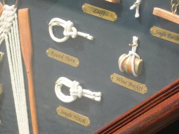 Eine schöne Ausstellung von maritimen Knoten in einer Vitrine, mit einer Uhr darin!