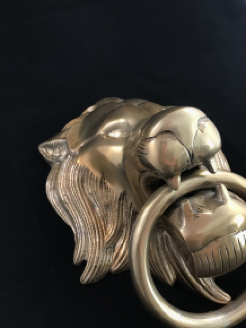 A lion's head, made of aluminum in a brass color, as a door knocker