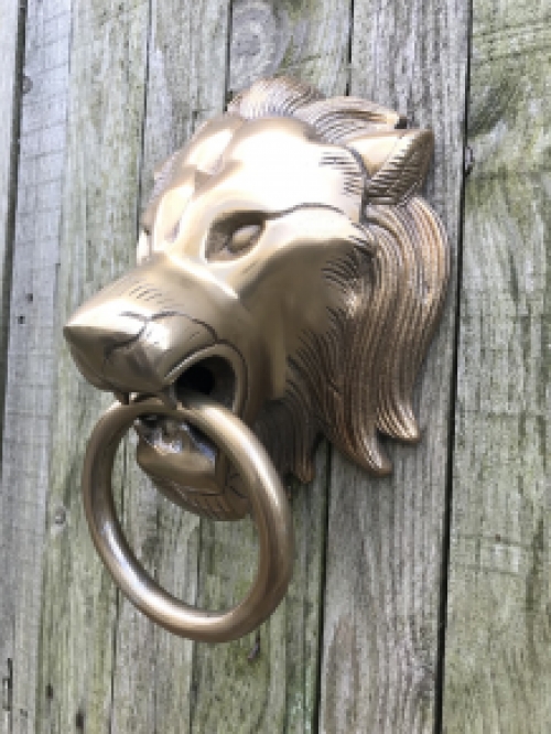 A lion's head, made of aluminum in a brass color, as a door knocker