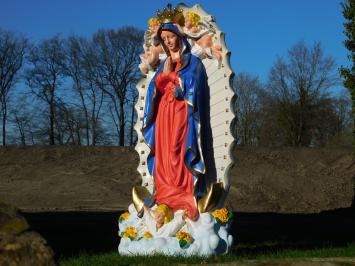 Wunderschöne Maria-Statue mit Engeln und Rückenplatte, vollfarbiger Polystone