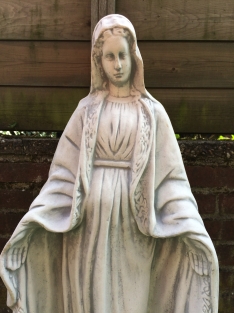 Mary statue on pedestal, garden statue of solid cast stone, beautifully designed heavy statue.