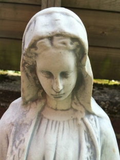 Mary statue on pedestal, garden statue of solid cast stone, beautifully designed heavy statue.