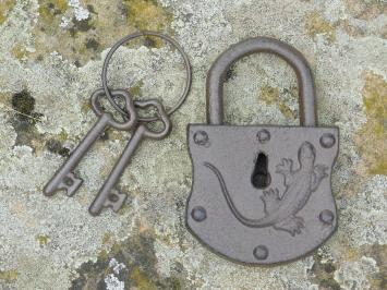 Medieval Padlock with Salamander - Incl. Keys - Cast Iron - Dark Brown