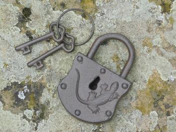 Medieval Padlock with Salamander - Incl. Keys - Cast Iron - Dark Brown