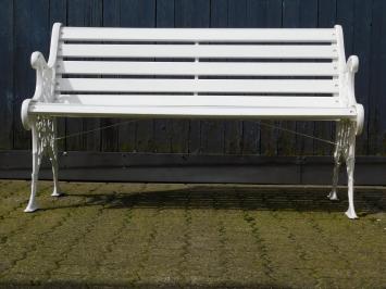 White garden bench made of wood and cast iron, heavy and large model