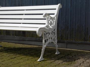 White garden bench made of wood and cast iron, heavy and large model