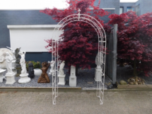 Large white rose arch as a romantic garden decoration, beautiful to see.