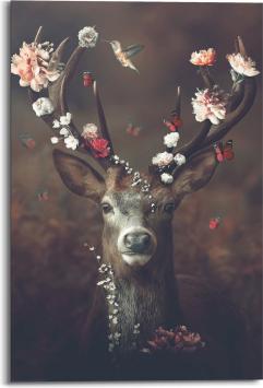 Painting Stag with Flowers - 90 x 60 cm