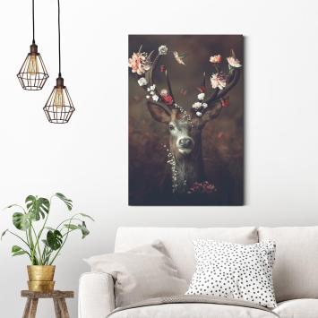 Gemälde Hirsch mit Blumen - 90 x 60 cm