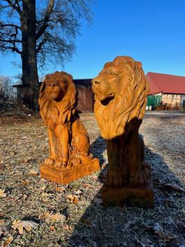 Schöner sitzender Löwe, Polystone, schöne Statue, Blick nach rechts, oxid