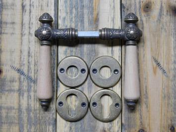 Set Door Hardware - Antique Brass with Wooden Handles - incl. Rosettes