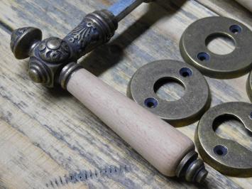 Set Door Hardware - Antique Brass with Wooden Handles - incl. Rosettes