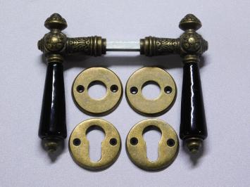 Set Door Hardware - Antique Brass with Black Ceramic Handles - Incl. Rosettes