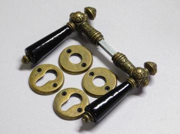 Set Door Hardware - Antique Brass with Black Ceramic Handles - Incl. Rosettes