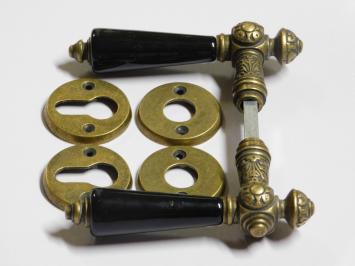 Set Door Hardware - Antique Brass with Black Ceramic Handles - Incl. Rosettes