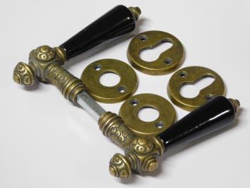 Set Door Hardware - Antique Brass with Black Ceramic Handles - Incl. Rosettes