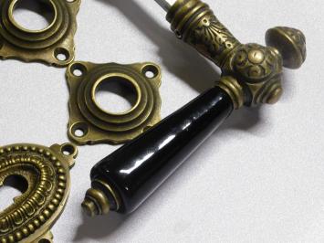 Set Door Hardware VI - Antique Brass with Black Ceramic Handles - Incl. Rosettes