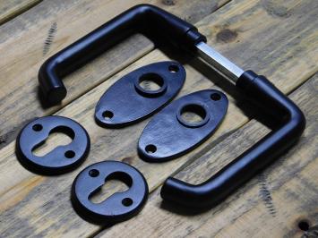Set of door handles with oval handle rosettes + key rosettes PC - Matt black - Aluminium