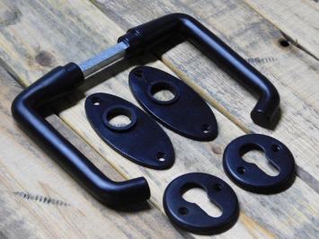 Set of door handles with oval handle rosettes + key rosettes PC - Matt black - Aluminium