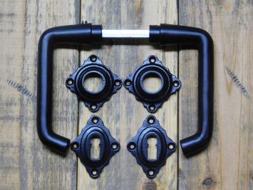 Set of Door Handles with Square Backplates and BB Lock Cylinder Backplates - Black