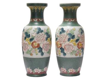 Set van 2 Grote Vintage Aziatische Siervazen met Bloemmotief – ca. 60 cm – Keramiek