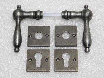 Cambridge Handle Set + Square Handle and Lock Rosettes - Galvanised Cast Iron