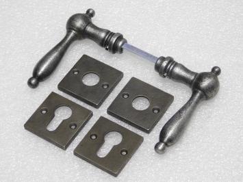 Cambridge Handle Set + Square Handle and Lock Rosettes - Galvanised Cast Iron