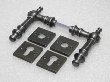 Victoria Handle Set + Square Handle and Lock Rosettes - Galvanised Cast Iron