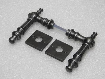Victoria Door Handle Set + Square Door Handle Rosettes - Galvanised Cast Iron