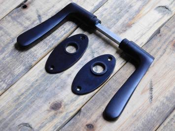 Set of Door Handles with Oval Rosettes - Matt Black - Aluminium