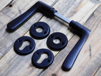 Set of door handles with round handle rosettes + key rosettes PC - Matt black - Aluminium