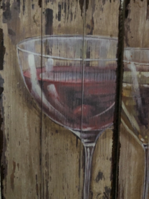 Set van 2 houten wandborden met 1 x glas witte wijn en 1 x glas rode wijn.