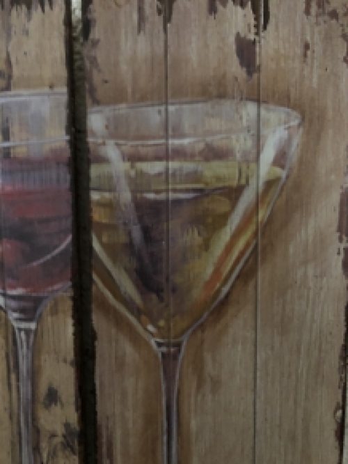 Set van 2 houten wandborden met 1 x glas witte wijn en 1 x glas rode wijn.