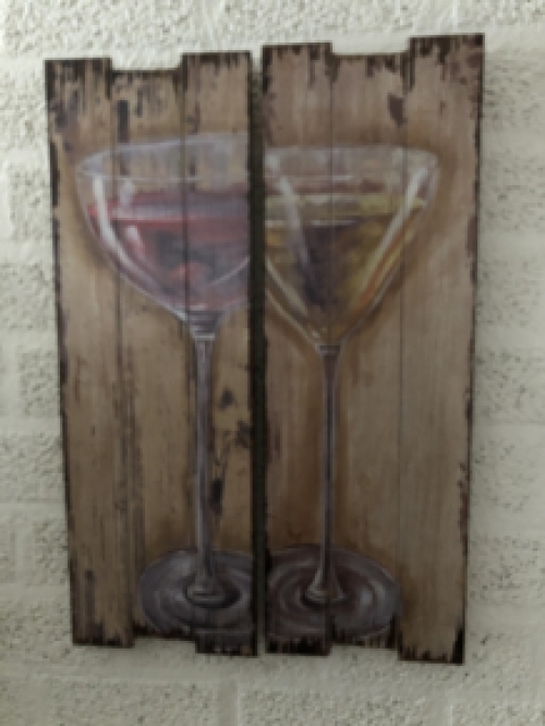 Set van 2 houten wandborden met 1 x glas witte wijn en 1 x glas rode wijn.