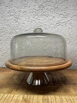 Forse glazen vintage stolp op houten plateau  - alu voet - diameter 36 cm