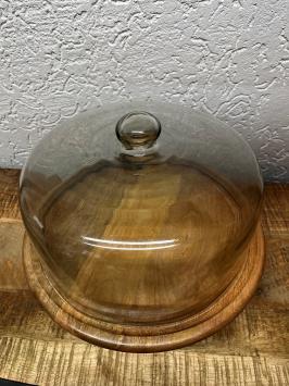 Sturdy vintage glass dome on wooden tray - alu base - diameter 36 cm