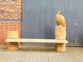 Heavy oak garden bench with large carved eagle on the right holder, unique and beautiful.